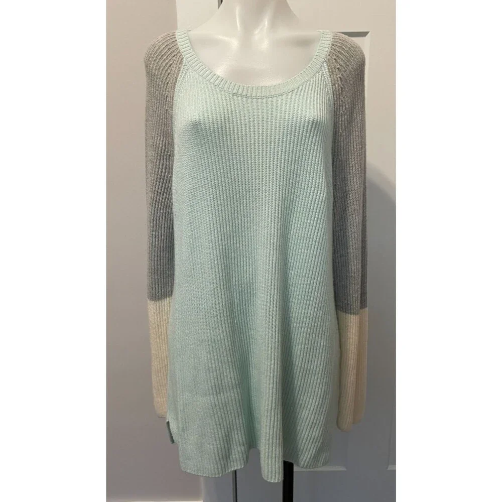 TALBOTS Womens SWEATER Long Sleeve GREEN Ivory Gray Scoop Neck Size 1X
